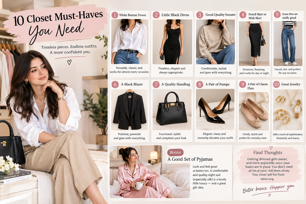 Alt Text: 10 Closet Must-Haves for Women Featuring a Stylish Female Model and Essential Wardrobe Pieces