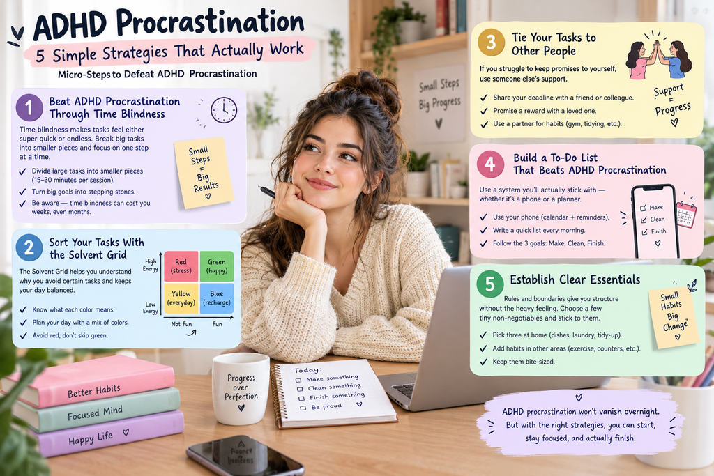 Alt text: Woman at a desk with an infographic showing five simple strategies to overcome ADHD procrastination.

