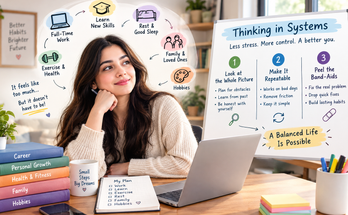 Woman planning a balanced lifestyle with systems thinking, daily routines, work, exercise, and personal growth