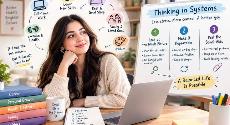 Woman planning a balanced lifestyle with systems thinking, daily routines, work, exercise, and personal growth