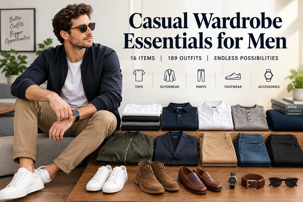 Casual wardrobe essentials for men featuring a stylish male model with versatile shirts, jackets, jeans, sneakers, boots, and accessories
