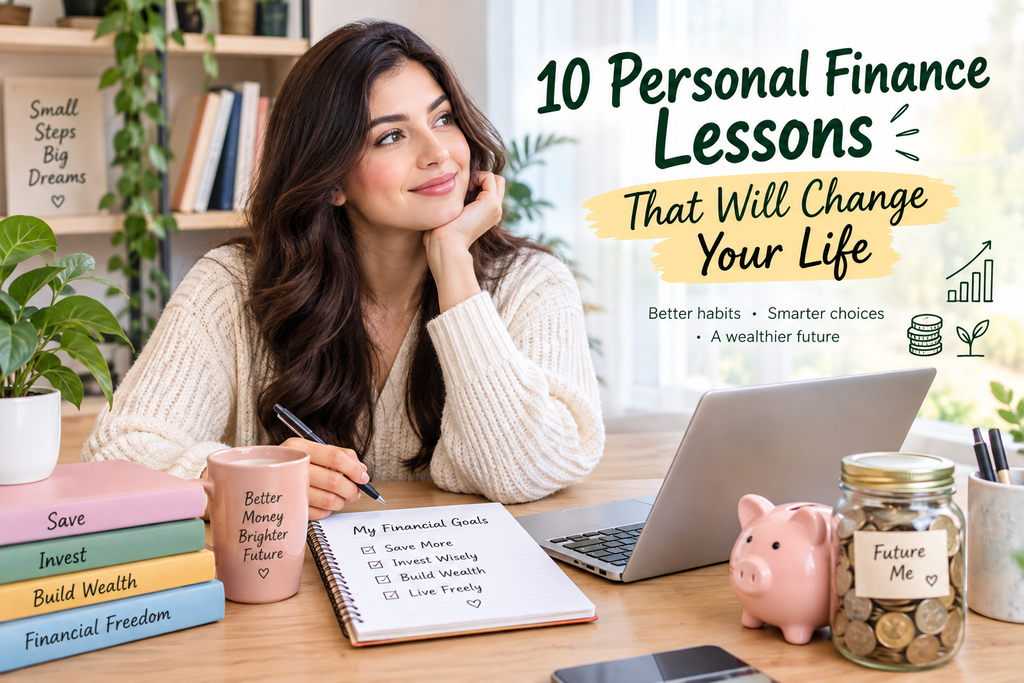 Woman planning her finances with a laptop, savings jar, piggy bank, and financial goals notebook
