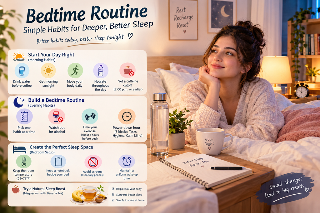 Image Alt Text: Bedtime routine with a woman practicing healthy sleep habits for deeper, better sleep
