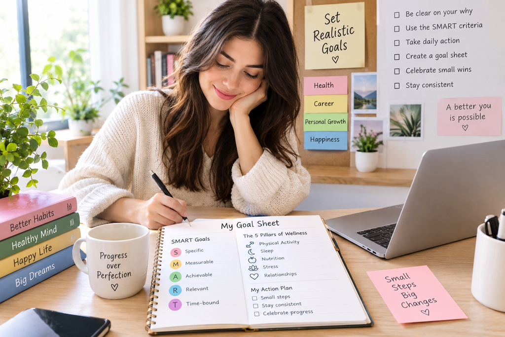 A woman writing realistic goals in a planner using the SMART criteria