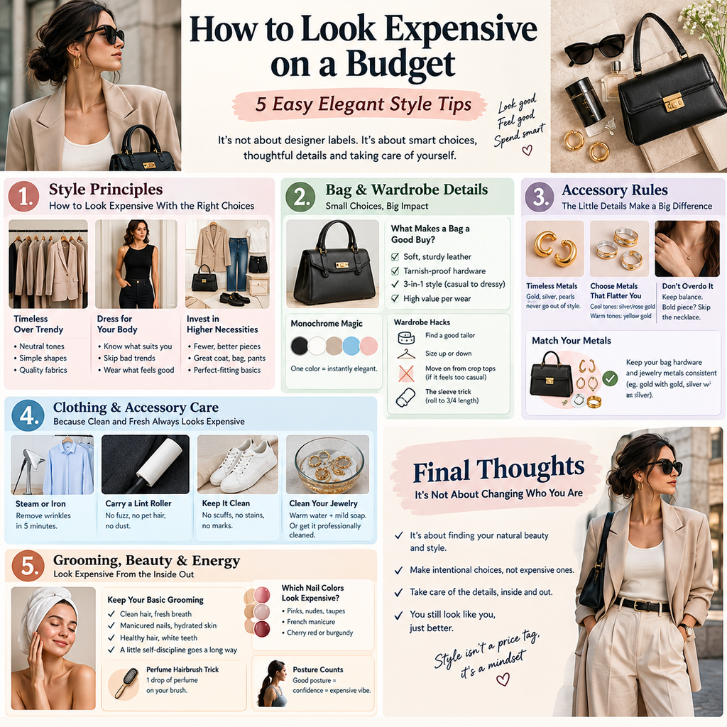 Elegant woman in a neutral outfit with a beige blazer, black handbag, and gold accessories, illustrating how to look expensive on a budget.
