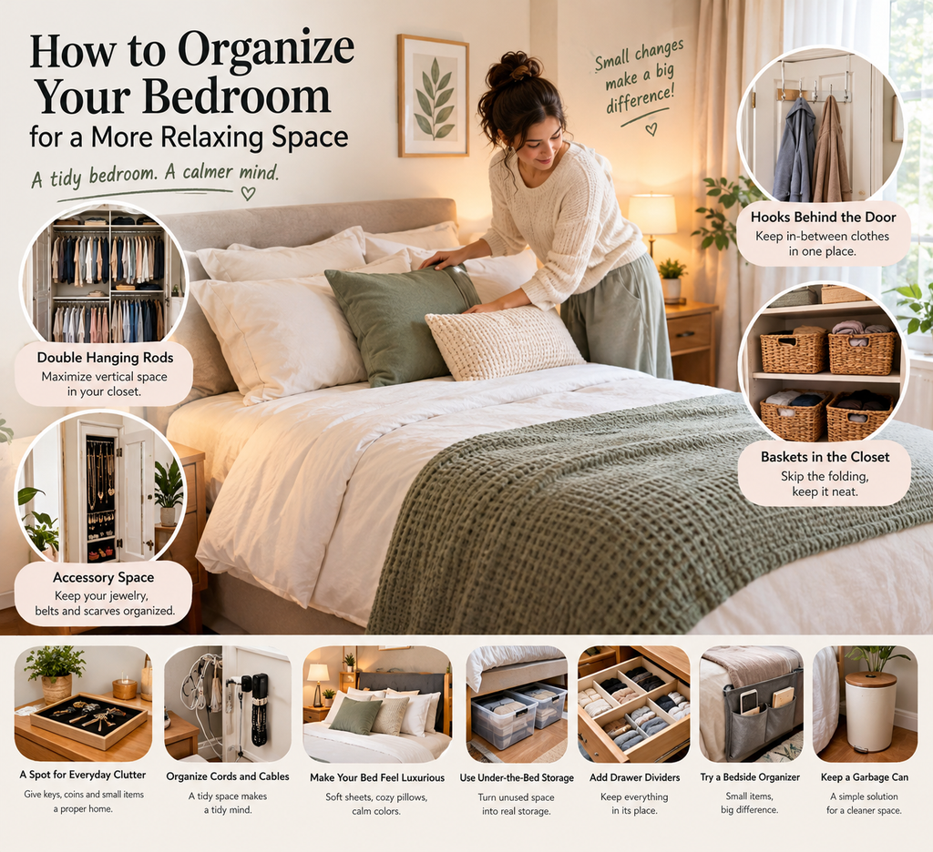 Woman organizing a relaxing bedroom with neatly arranged pillows, closet baskets, and smart storage solutions.
