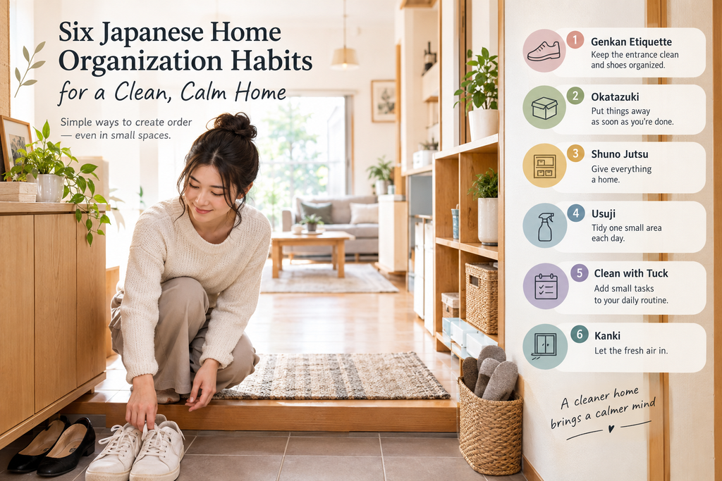 Japanese home organization habits with a woman organizing shoes in a clean, minimalist Japanese-style home.
