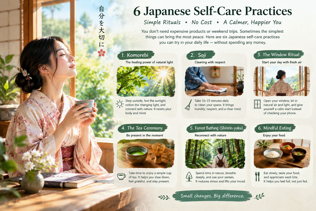 Japanese self-care practices featuring a woman in a traditional kimono enjoying peaceful wellness rituals.