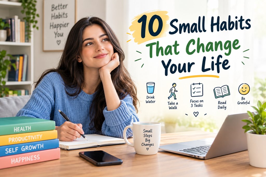 10 small habits that change your life featuring a woman writing in a journal at a desk with books, a laptop, and daily habit reminders.