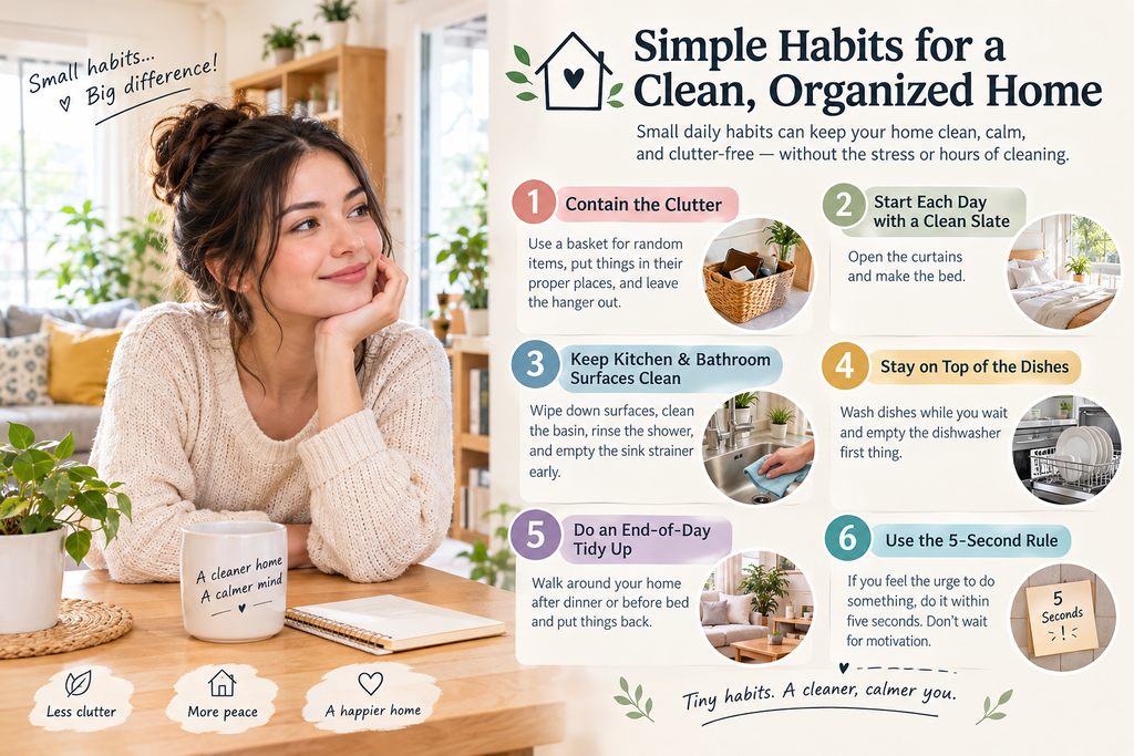 Image Alt Text: Simple daily cleaning habits for a clean, organized home with a woman in a bright, cozy living space.